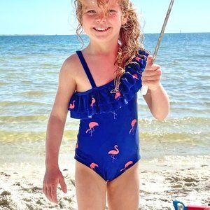 Bermies Girl's Blue Miami Flamingo One Piece Swim Suit